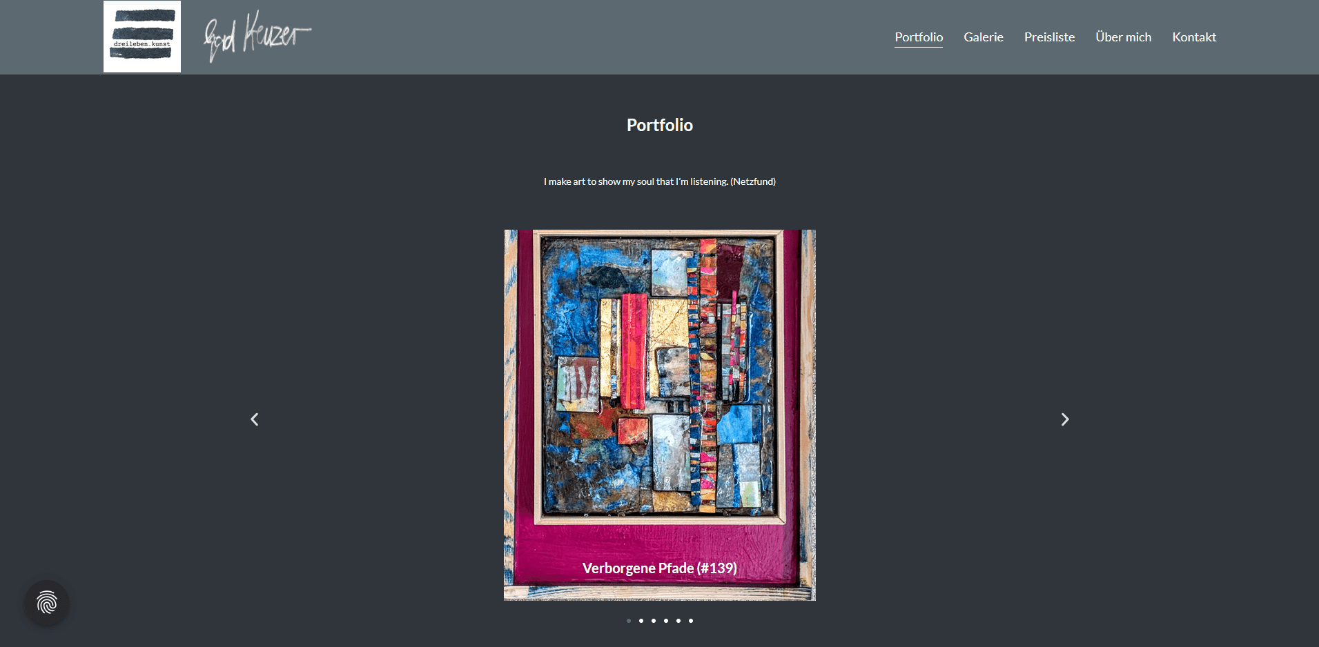 Screenshot von der Website dreileben-kunst.de. Die Künstler-Website bietet abstrakte Kunst an.